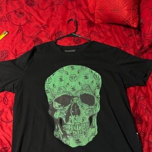 Philipp plein Black T-Shirt with Green Skull Design